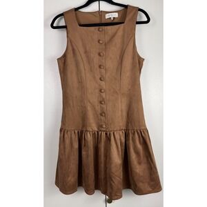 WAYF Brown Faux Suede Button Front Ruffle Mini Dress Small Square Neck Tan Boho